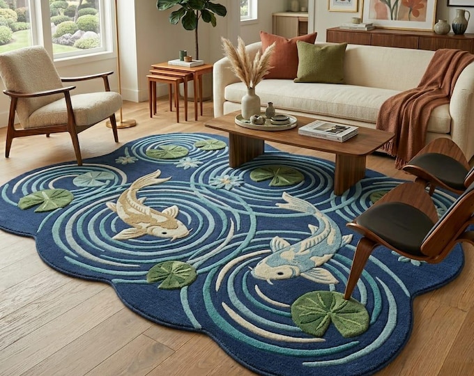 Koi Pond Hand-Tufted Wool Rug, Blue Scalloped Area Rug for Living Room, 3D Textured Japanese Art Decor, Zen Aesthetic, Custom Size Available