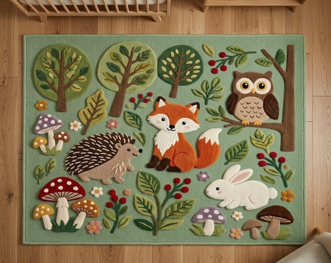 3D Hand-Tufted Woodland Wool Rug, Forest Nursery Decor, Fox Owl Rabbit Meadow (Custom Size)