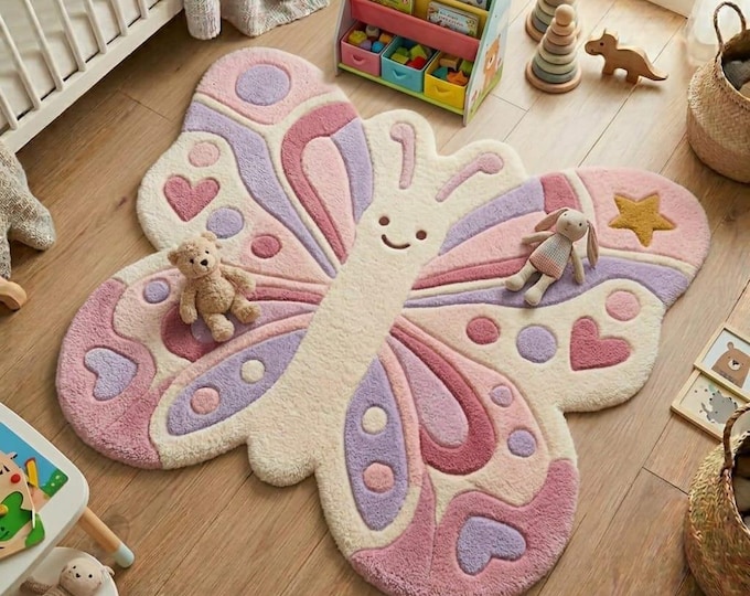 Butterfly Kids Rug - Pastel Pink & Purple Hand Tufted Wool Area Carpet - Whimsical Nursery Decor - Cute Playroom Mat -Custom Sizes Available