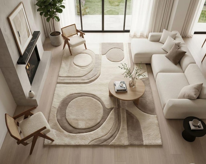 Organic Modern Wool Rug - Hand Tufted Abstract 3D Carved Area Rug in Cream & Taupe, Minimalist Mid Century Living Room Decor, Custom Sizes