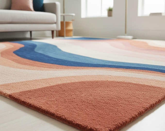 Abstract Wave Wool Rug – Mid Century Modern Sunset Colors, Hand Tufted Plush Area Rug