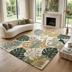 Alfombra infantil con diseño de animales de safari en la jungla, con lindos leones, elefantes y hojas de monstera, tejida a mano en lana de Nueva Zelanda. Decoración premium para la sala de juegos de los niños.