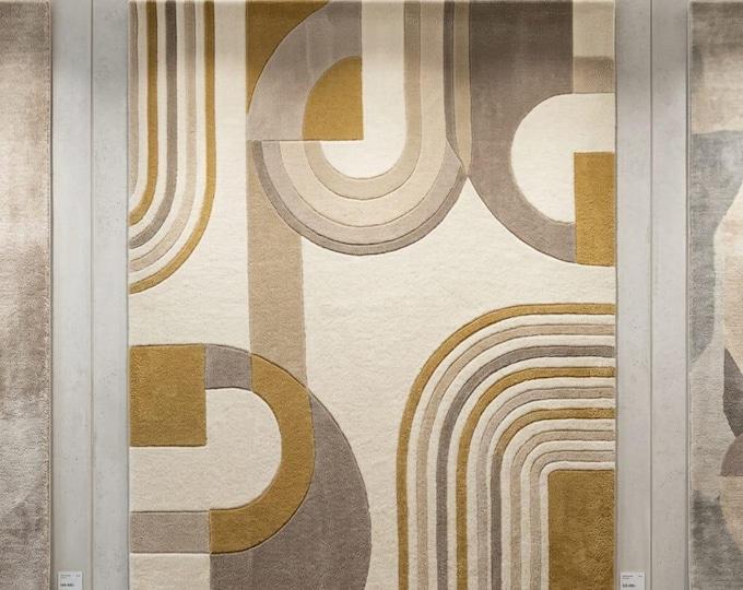 Organic Shape Hand-Tufted Wool Rug, Cream Scalloped Area Rug for Living Room, 3D Textured Minimalist Decor, Custom Size Available