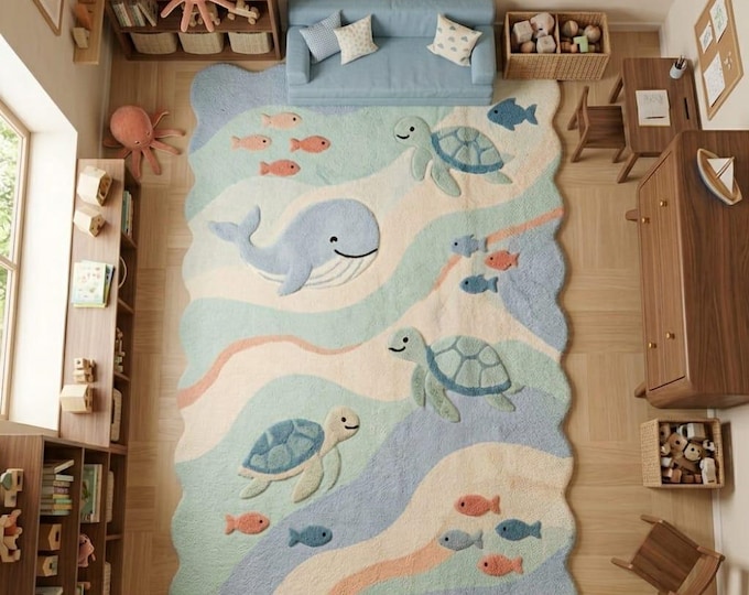 Ocean Waves Kids Rug - Hand Tufted Blue Whale & Sea Turtle Wool Carpet - Soft Nursery Decor - Pastel Coastal Playroom Rug