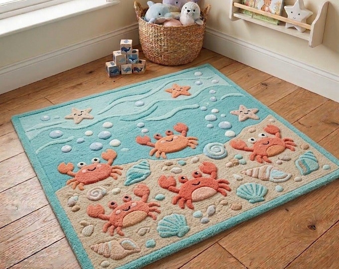 3D Hand-Tufted Wool Crab Area Rug, Earth Tone Beach Nursery Decor, Custom Size Available