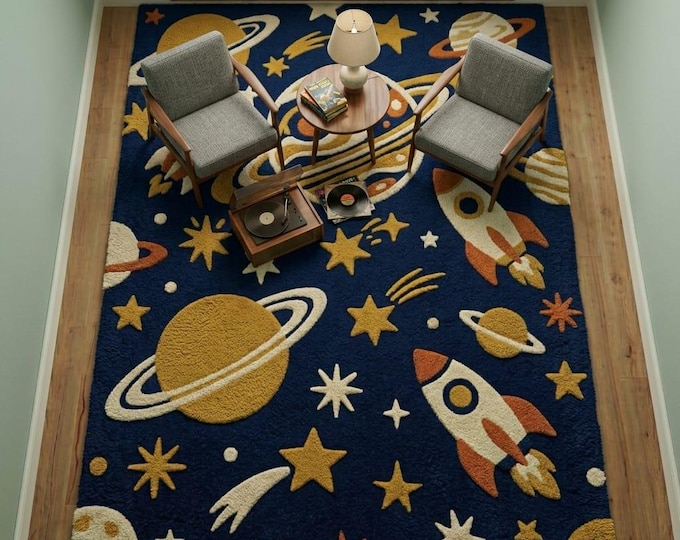 Outer Space Kids Rug, Navy Blue Planet & Rocket Hand Tufted Wool Nursery Carpet, Fun Galaxy Area Rug for Boy Bedroom, Custom Size Available