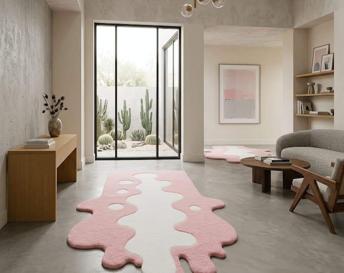 Pink Puddle Rug, Abstract Melting Hand Tufted Wool Area Rug for Modern Living Room, Funky Squiggle Plush Carpet, Custom Size Aesthetic Decor
