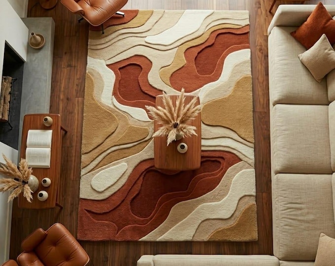 Abstract Wool Rug, Terracotta Beige Contour Design, Hand Tufted Modern Area Carpet