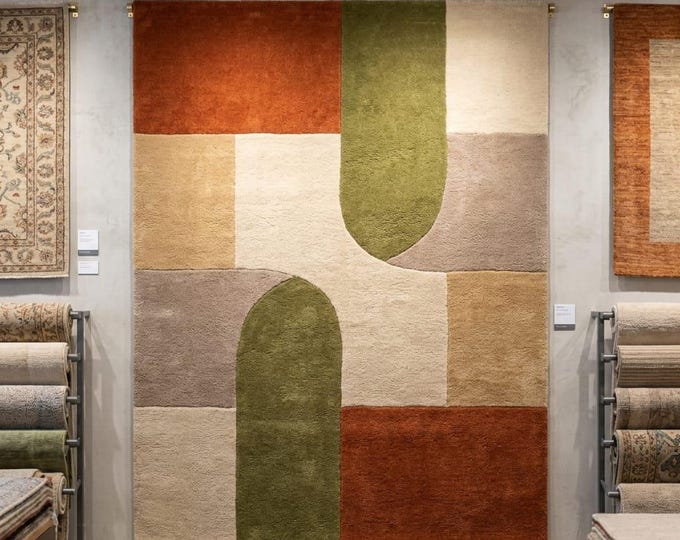 Mid Century Modern Geometric Wool Rug, Earth Tone Arch Living Room Decor