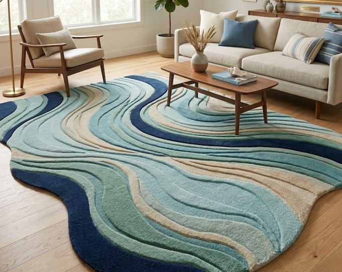 Abstract Ocean Wave Hand-Tufted Wool Rug, Blue Organic Shape Area Rug for Living Room, 3D Wavy Coastal Decor, Custom Sizes Available