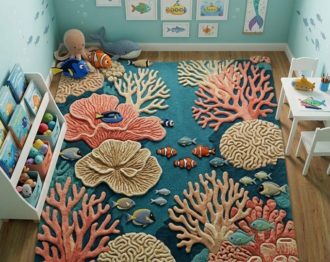 3D Ocean Coral Reef Rug -Hand Tufted Blue Wool Area Carpet for Coastal Living Room, Nautical Nursery Decor, Underwater Sea Life, Custom Size