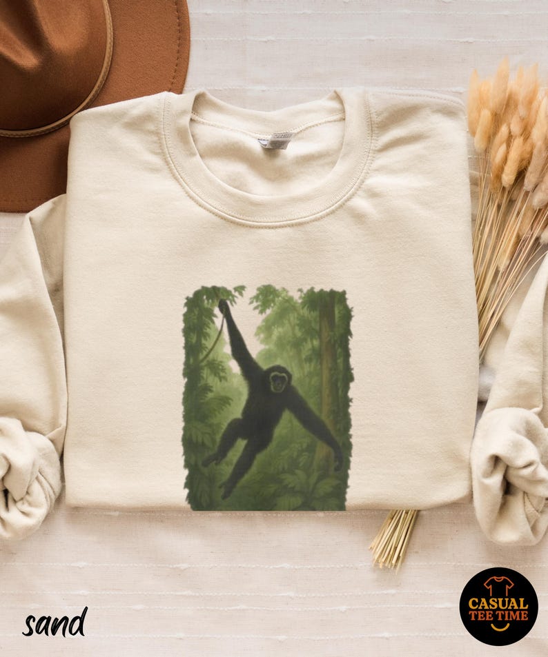Gibbon Rainforest Crewneck Sweater - Vintage Jungle Animal Sweatshirt, Cozy Wildlife Gift for Nature Lovers image 3