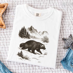 Chemise carcajou couleurs confort vintage t-shirt animalier gravé à l'eau-forte extérieur nature chemise animal de montagne randonnée camping cadeau