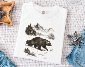 Comfort Colors Wolverine Shirt Vintage Etched Wildlife Tee Outdoorsy Nature Mountain Animal Shirt Hiking Camping Gift