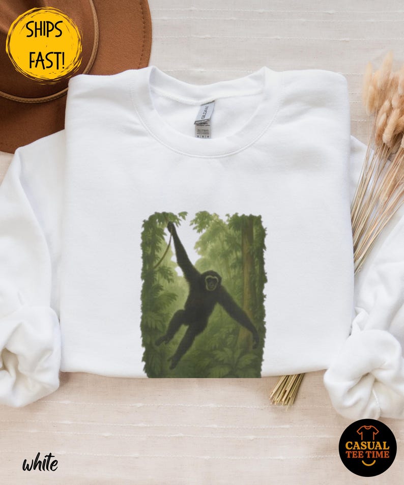 Gibbon Rainforest Crewneck Sweater - Vintage Jungle Animal Sweatshirt, Cozy Wildlife Gift for Nature Lovers image 2