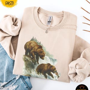 Trui Grizzly Bear - Bears Fishing sweatshirt met ronde hals, vintage wildlife trui, gezellige winteroutfit, outdoor cadeau voor natuurliefhebbers