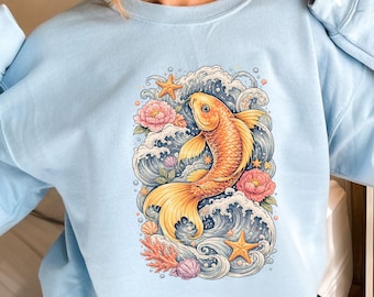 Sudadera con estampado de pez koi: suéter floral oceánico de inspiración japonesa, jersey con estampado de peces, regalo acogedor para amantes de la naturaleza.