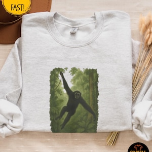 Gibbon Rainforest Crewneck Sweater - Vintage Jungle Animal Sweatshirt, Cozy Wildlife Gift for Nature Lovers image 1