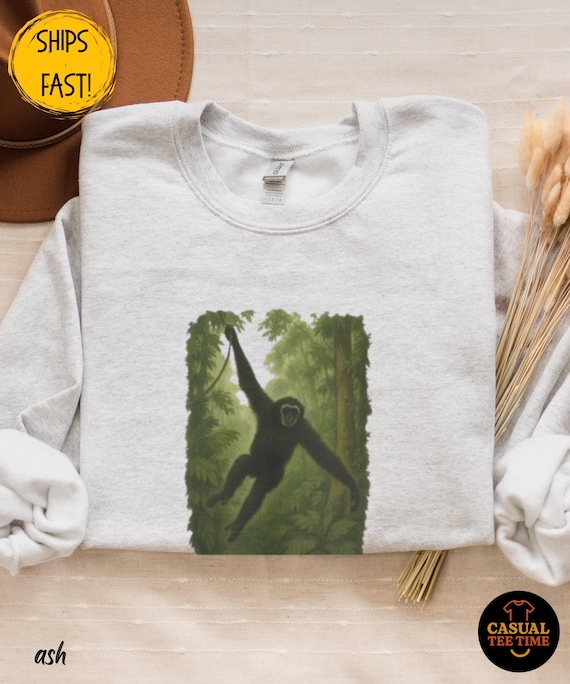 Gibbon Rainforest Crewneck Sweater - Vintage Jungle Animal Sweatshirt, Cozy Wildlife Gift for Nature Lovers