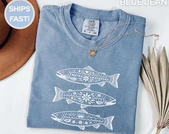 Nordic Salmon Shirt, Scandinavian Folk Art Fish T-Shirt, Comfort Colors Graphic Tee, Fishing Nature TShirt, Minimal Boho Outdoor Gift