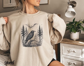 Gothic Raven Sweatshirt  - Vintage Forest Raven Crewneck, Dark Academia Sweater, Witchy Crow Pullover