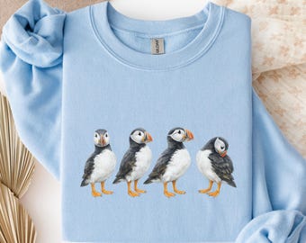 Puffin Sweater - Cute Bird Illustration Sweatshirt, Long Sleeve Crewneck, Cozy Nature Lover Gift, Watercolor Birds Pullover