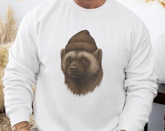 Wolverine Sweatshirt - Animals in Beanies Sweaters, Cozy Winter Wildlife Outfit