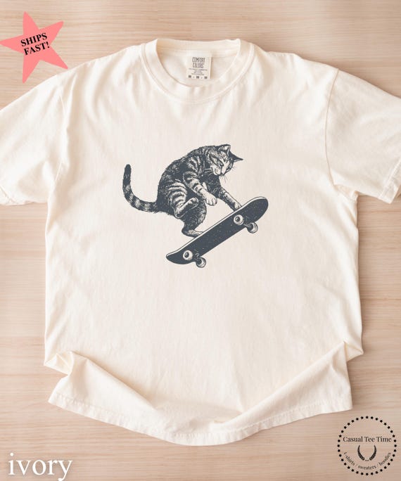 Skateboarding Cat T-shirt, Comfort Colors Vintage Cat Tee, Funny Birthday Gift for Skaters, Cat Lovers