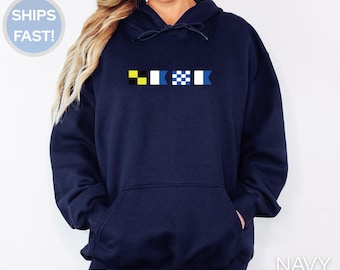 Sudadera con bandera náutica y nombre personalizado, sudadera náutica personalizada, sudadera con señal marítima, regalo de navegación para navegantes, jersey de capitán de tripulación