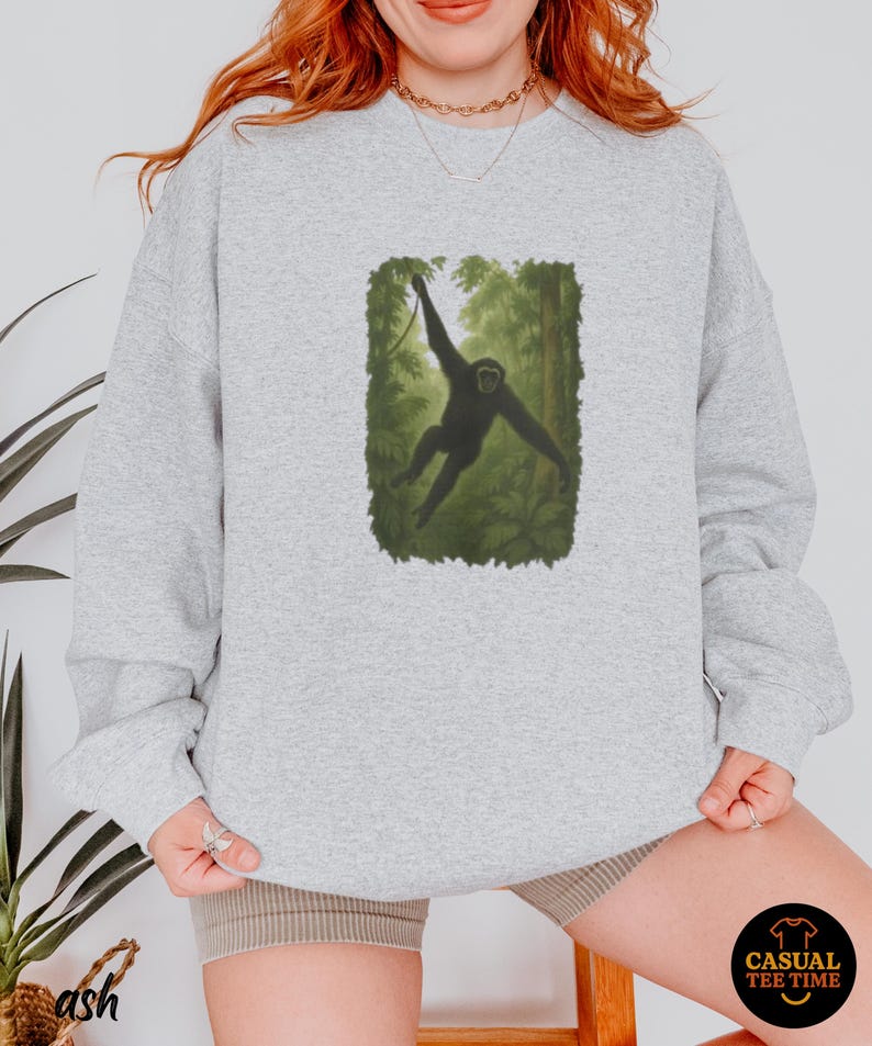 Gibbon Rainforest Crewneck Sweater - Vintage Jungle Animal Sweatshirt, Cozy Wildlife Gift for Nature Lovers image 6