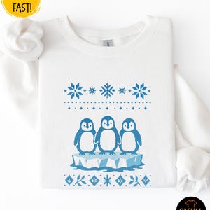 Penguins Christmas Sweater - Pixel Penguin Crewneck, Winter Holiday Cotton-Poly blend Sweatshirt
