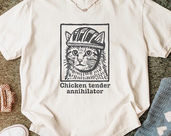 Camiseta vintage de gato, Aniquilador de tiras de pollo, Meme vergonzoso, Ropa divertida de gato, Cómoda, Camiseta de corte relajado