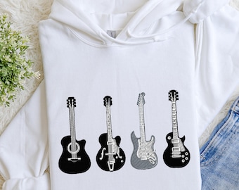 Hoodie met geborduurde gitaren, classic rock-sweater, cadeau voor muzikanten, outfit muziekleraar, trui gitarist