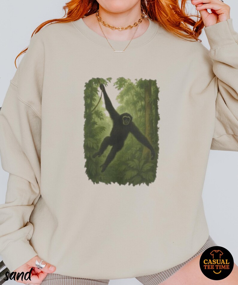 Gibbon Rainforest Crewneck Sweater - Vintage Jungle Animal Sweatshirt, Cozy Wildlife Gift for Nature Lovers image 7