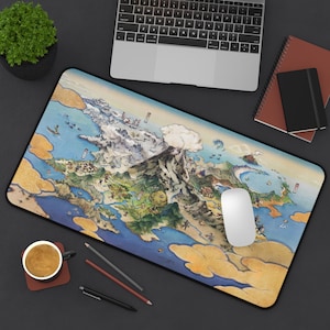 アニメレジェンドゲームマップデスクマット｜ヴィンテージイラストの世界、山と火山の風景