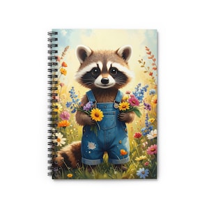 Raccoon Spiral Notebook: Floral Theme Journal, 118 Ruled Pages