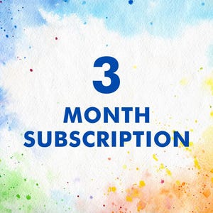 May include: A watercolor-style background with blue, yellow, and orange hues. The number "3" is in bold blue font, with the words "MONTH SUBSCRIPTION" beneath it, also in blue. The overall design suggests a subscription service.