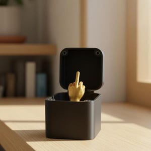 May include: A black square box with a hinged lid, open to reveal a gold-coloured hand with the middle finger extended upwards. The box is sitting on a wooden surface, with a blurred background.