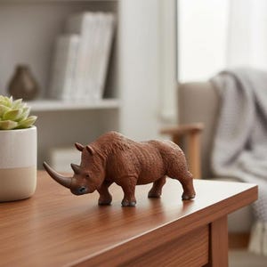 May include: A brown rhinoceros figurine with a long horn, standing on a wooden table. The rhino is detailed with textured skin and is a decorative item. A succulent plant in a white and beige pot is to the left.