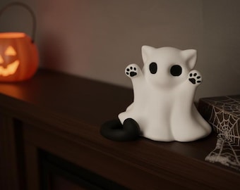3D Printed Kitten Ghost Figurines – Cute Mini Halloween Cat Ornaments, Spooky Desktop Toys, Fun Gift for Friends & Home Decor