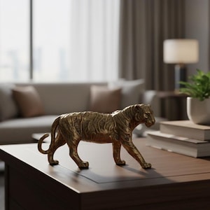 May include: A detailed, golden-colored tiger figurine, captured in a walking pose. The sculpture has intricate textured details and is placed on a dark wooden table. The background includes a sofa, lamp, and greenery, suggesting a home decor theme.