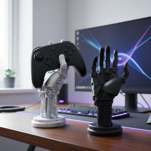 May include: Two robotic hand-shaped gaming controller stands. One is silver and holds a black controller. The other is black. Both are on a wooden desk with a computer monitor and keyboard in the background. The stands are designed to hold gaming controllers.