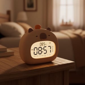May include: A brown, bear-shaped digital alarm clock with a digital display showing the time as 08:57 AM. The clock has a small orange sphere on top and is sitting on a wooden surface. The clock has a cute, cartoonish design.