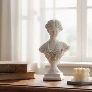 May include: A white bust of a woman with classical features, set on a pedestal. The sculpture is on a wooden table, next to a stack of books and a square candle. The background includes a window and sheer curtains.