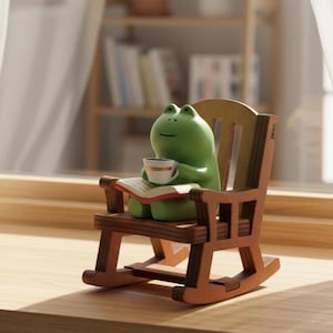 May include: A green frog figurine sits in a miniature wooden rocking chair, holding a cup and reading a book. The frog has a calm expression. The chair is brown with a light brown back.