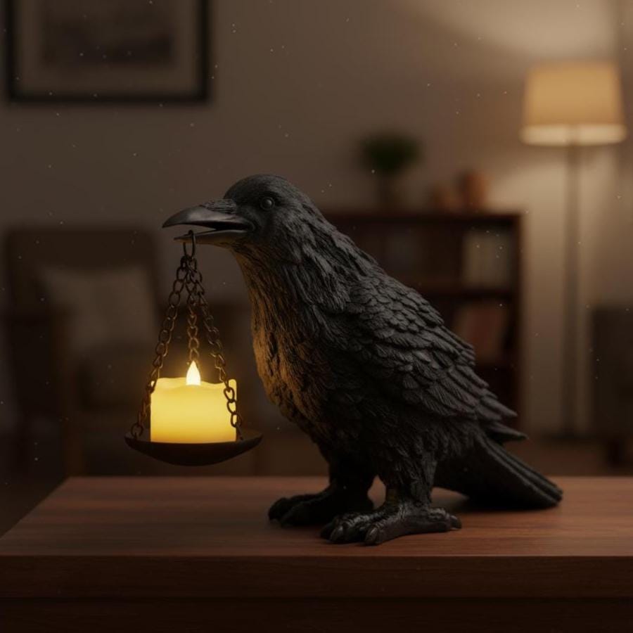 Crow Tea Light Candle Holder | Gothic Black Owl Resin Candlestick
