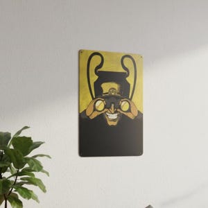May include: A metal sign featuring a cartoon character holding binoculars, with a smiling face and a black hat. The background is yellow, and the sign has a black border. The image has a vintage, artistic style.