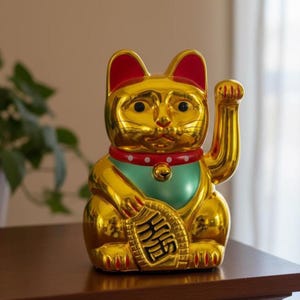 Solar Fortune Cat Ornament – Japanese Lucky Cat Statue with Light and Waving Arm, Home, Car and Office Decoration, Feng Shui Gift