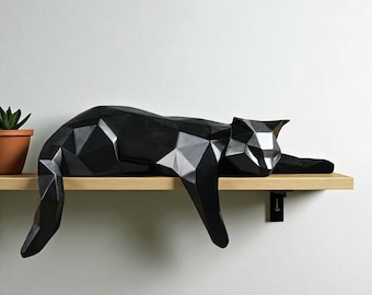 White Black Cat Statue – Geometric Modern Cat Figurine, Lying Cat Sculpture for Home, Office Desk, Table & Shelf Decor, Minimalist Gift