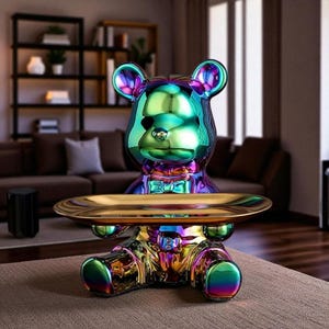 May include: A colorful, iridescent bear-shaped decorative tray. The bear is seated, holding a gold-colored tray. The bear's surface reflects hues of green, blue, purple, and gold. The tray is round and has a smooth, reflective surface.